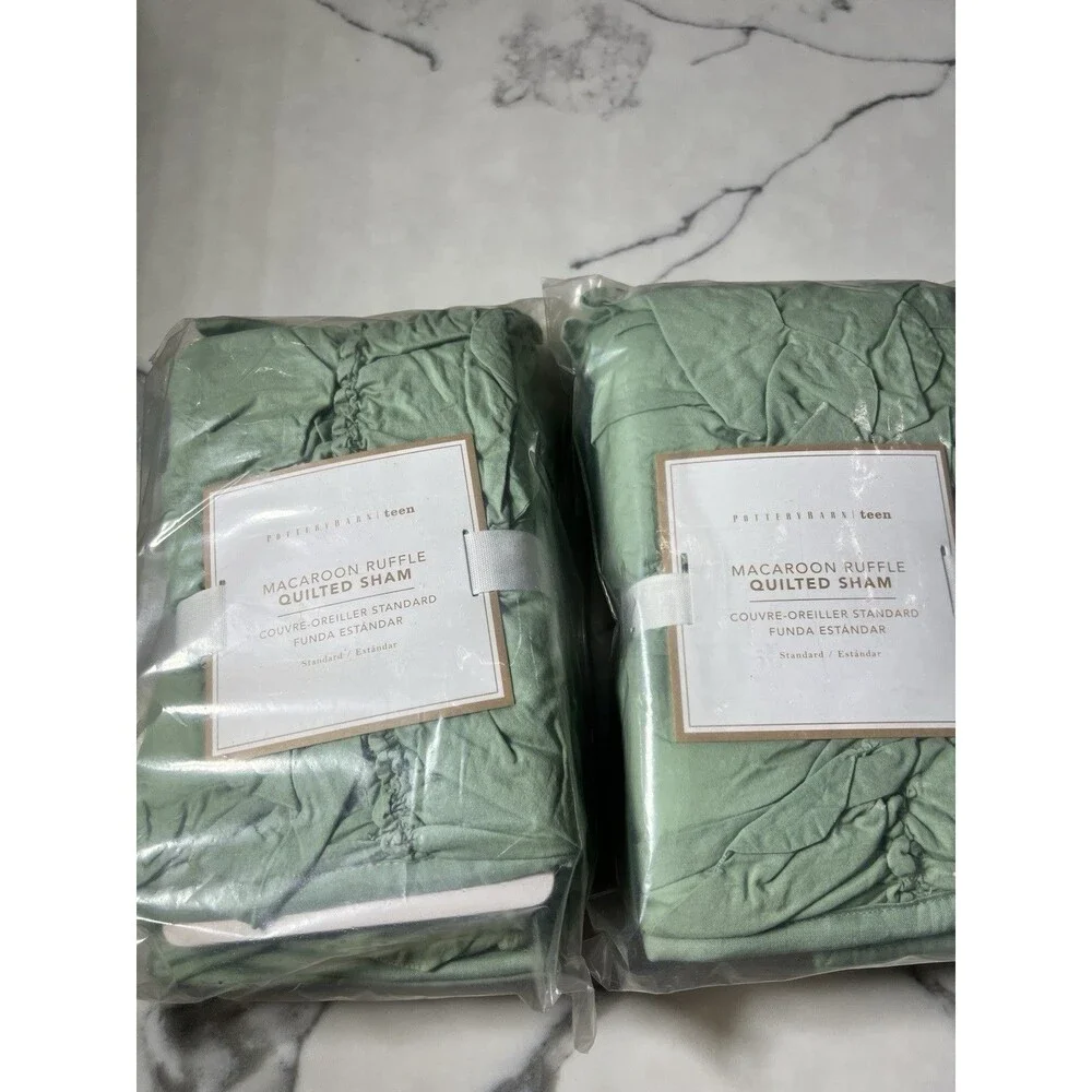 NEW Pottery Barn Teen full Queen Macaroon Ruffle Quilt & 2 standard shams Green